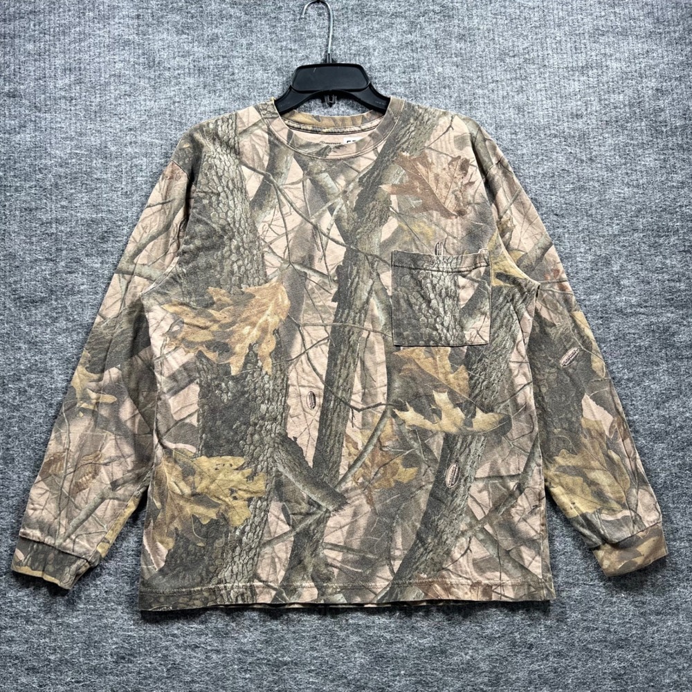 Outfitters Ridge Mens Camo Long Sleeve Pocket T-Shirt Size M Brown Tree Bark Tee